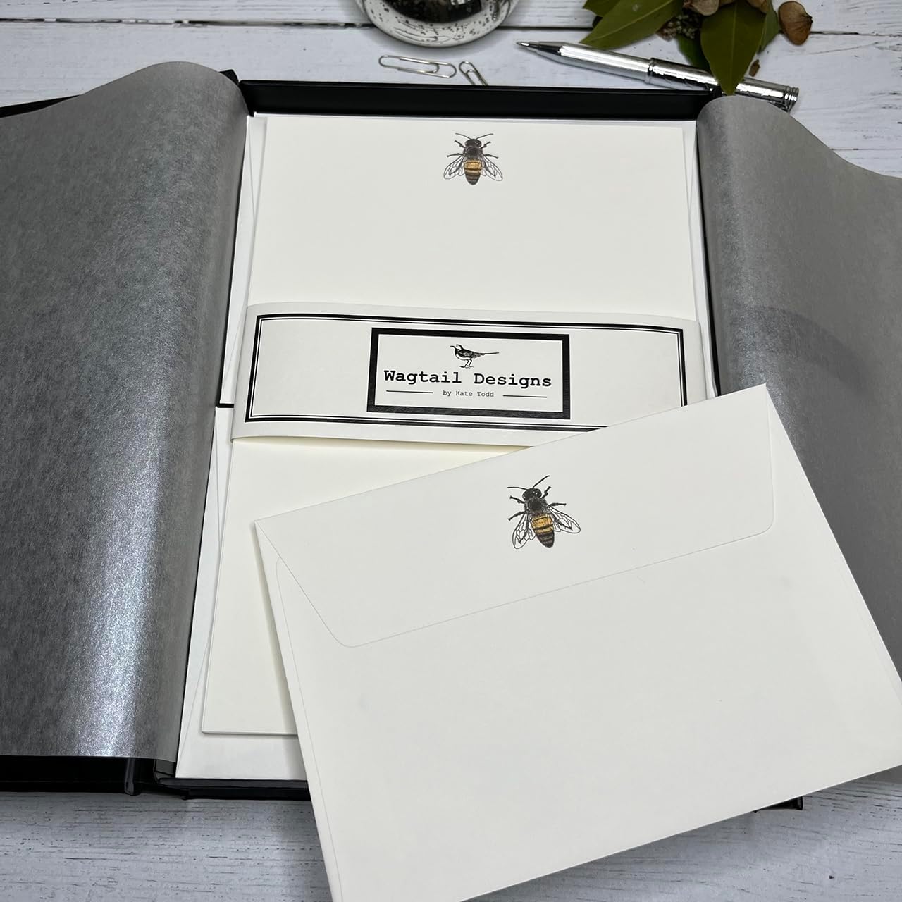 Writing Paper Gift Set with a Honey Bee Illustration in a Lovely Black Box with Ribbon (18 Sheets of Quality Letter Writing Paper and envelopes)
