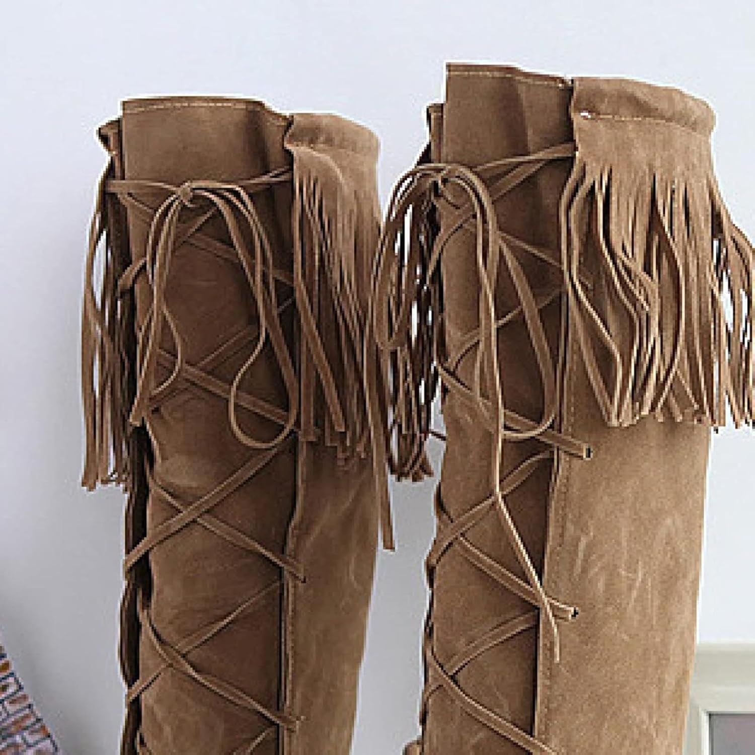Women's Knee Length Round Toe Lace up Warm Low Heel Fringed Boots