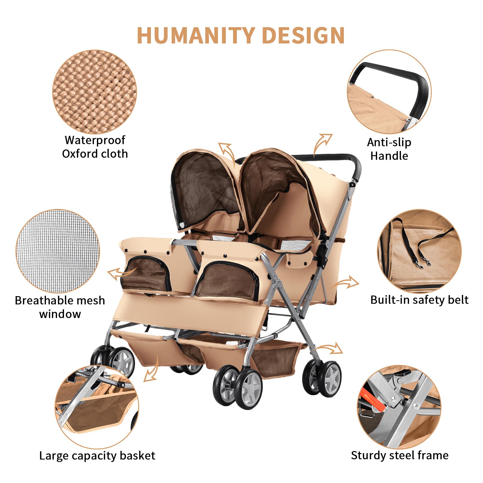 Hundewagen, Doppel-Haustier-Kinderwagen, faltbarer Kinderwagen für 2 Hunde und Katzen, Zweisitzer-Tragetasche, Twin Dog Walk Jogger, Reise-Haustierwagen mit Stauraum, Beige