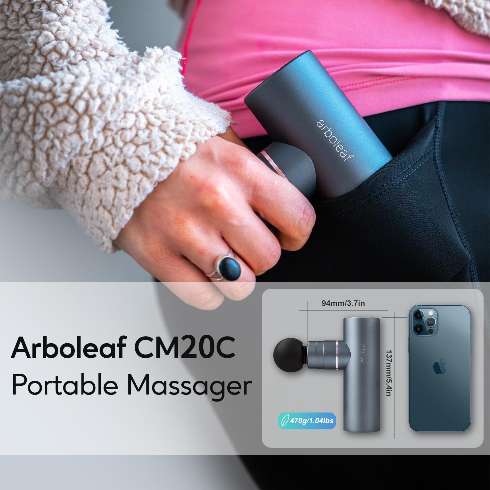 arboleaf Mini Pistolet de Massage Musculaire, Pistolet musculaire silencieux 3200 rpm, 0,47 kg 5 Vitesses 4 Têtes en Silicone, Pistolet massage pour la relaxation musculaire Batterie puissante USB-C