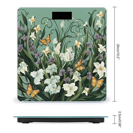Balanza digital de baño con diseño de flores y mariposas sobre fondo verde, alta precisión, pantalla LCD grande, robusta para pesaje personal miniatura 2