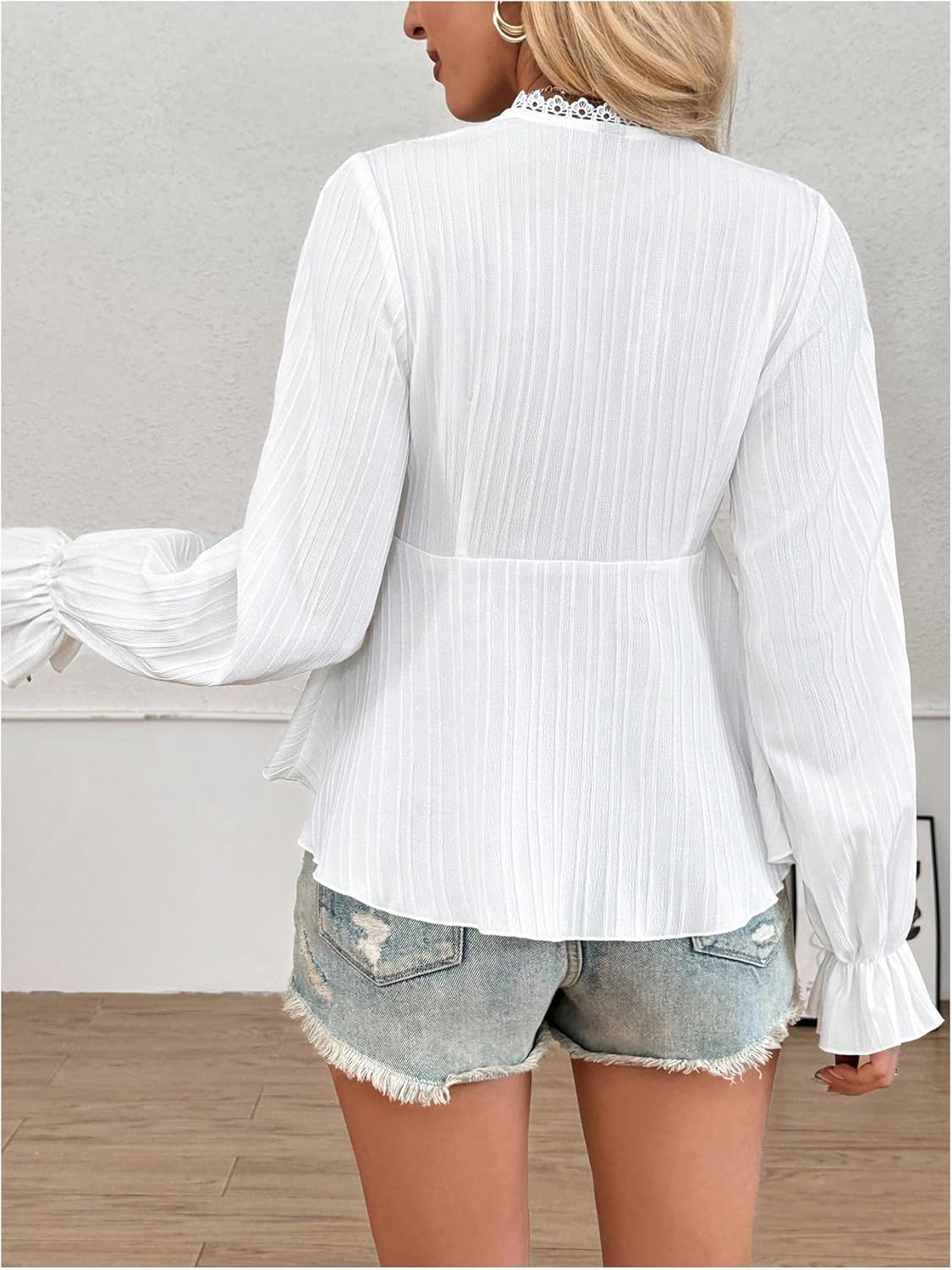 MakeMeChic Women's Lace V Neck Bell Sleeve Blouse Tie Front Ruffle Hem Going Out Tops - Image 3