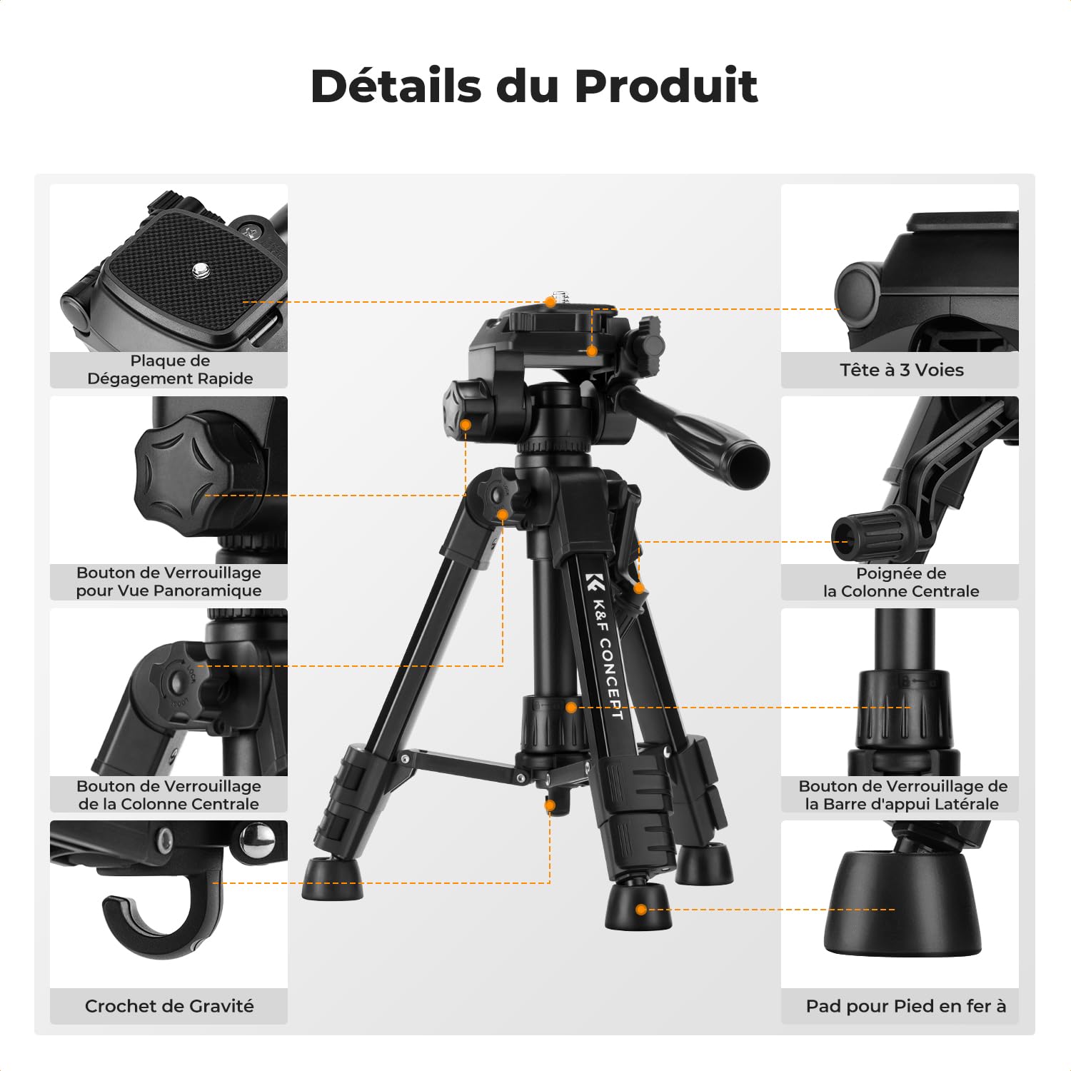 K&F CONCEPT Mini trépied de Bureau pour Appareil Photo, trépied de Table en Aluminium de 63,5 cm avec télécommande, Petit trépied Portable pour appareils Photo Reflex numériques, caméscope, téléphone