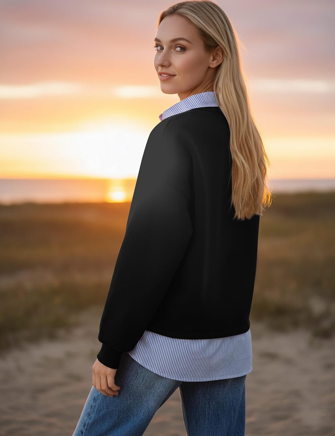 Womens Long Sleeve Polo Shirt 2 in 1 Button Down Collared Patchwork Pullover Top Casual Loose Contrast Fall Outfits