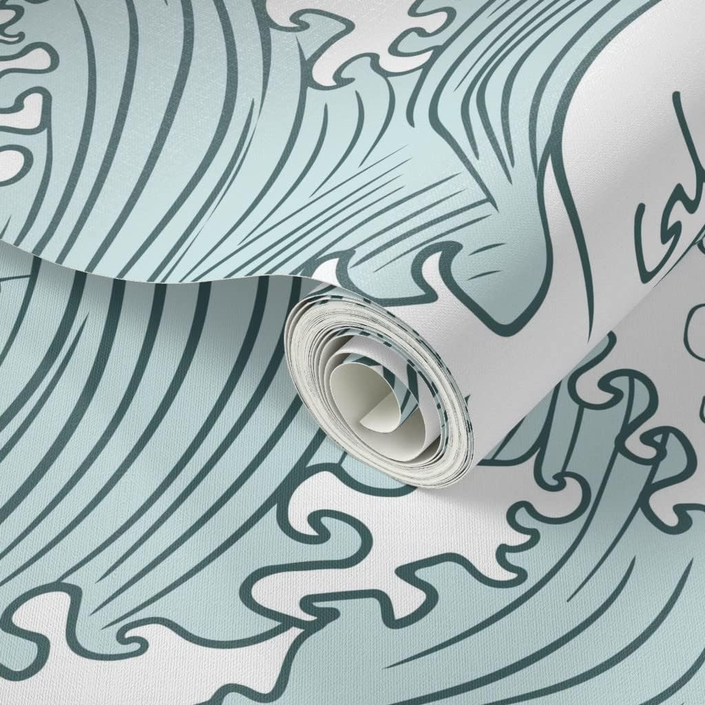 Peel & Stick Wallpaper 3ft x 2ft - Japanese Waves Color Pine Mint Custom Removable Wallpaper by Spoonflower