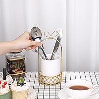 Vista 5 de JUXYES Soporte de cubiertos de cerámica para mesa, soporte de cubiertos blanco con soporte de metal dorado, soporte decorativo para cubiertos