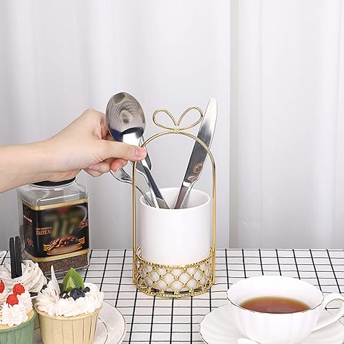 Miniatura 5 de JUXYES Soporte de cubiertos de cerámica para mesa, soporte de cubiertos blanco con soporte de metal dorado, soporte decorativo para cubiertos de