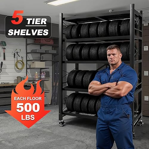 Vista 3 de Estantes plegables de 5 niveles de metal resistente con ruedas - Estantería plegable sin montaje para cocina, garaje, soporta hasta 1250 libras