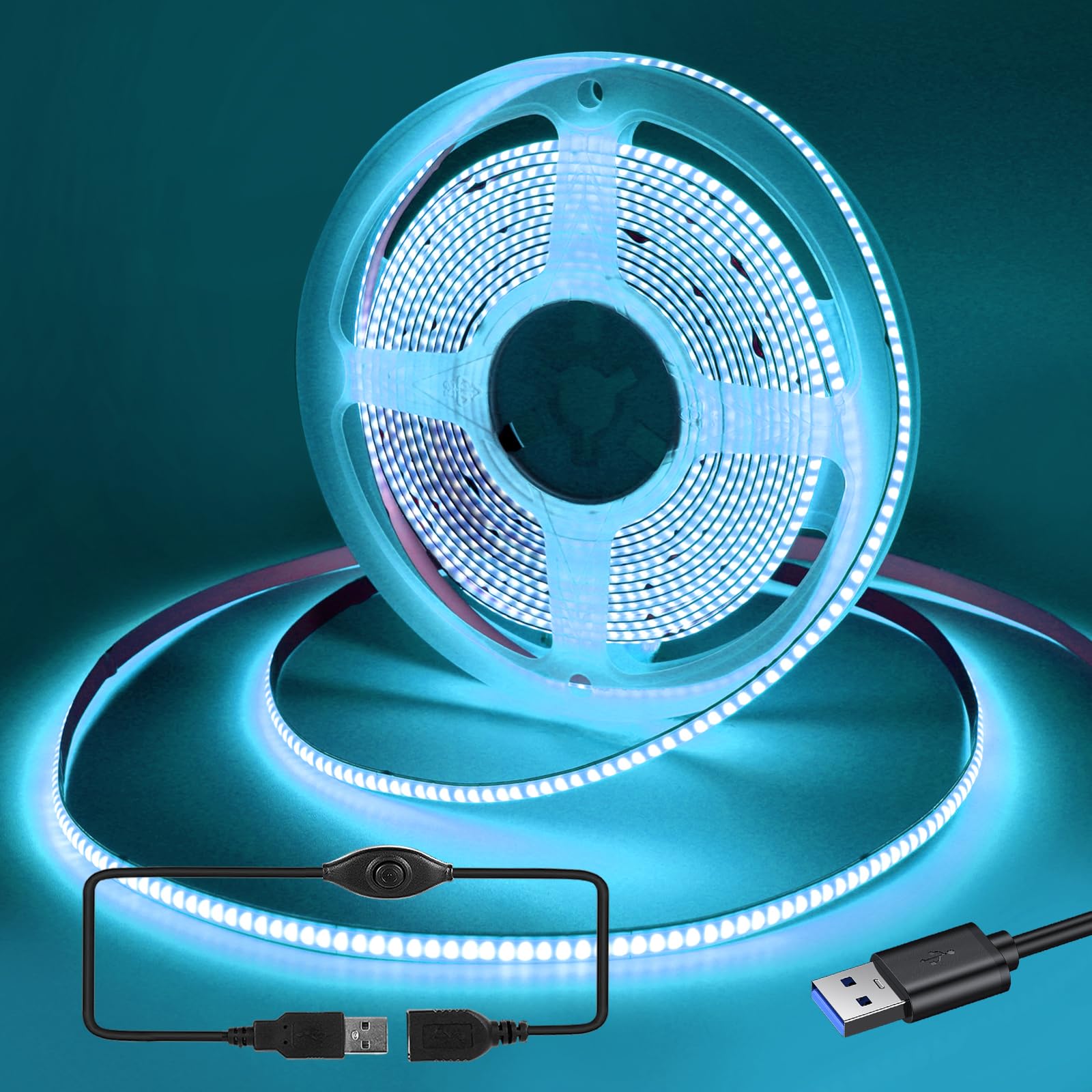 Rye Lightblue Usb Power 2.5M 5V Cob Led Strip Light Kit,320Leds/M,Cri80+,Flexible Rope/Tape Light For Tv Monitor Backlight,Mirror,Cabinet,Wardrobe,Cupboard Diy Lighting,Power Supply Excluded.