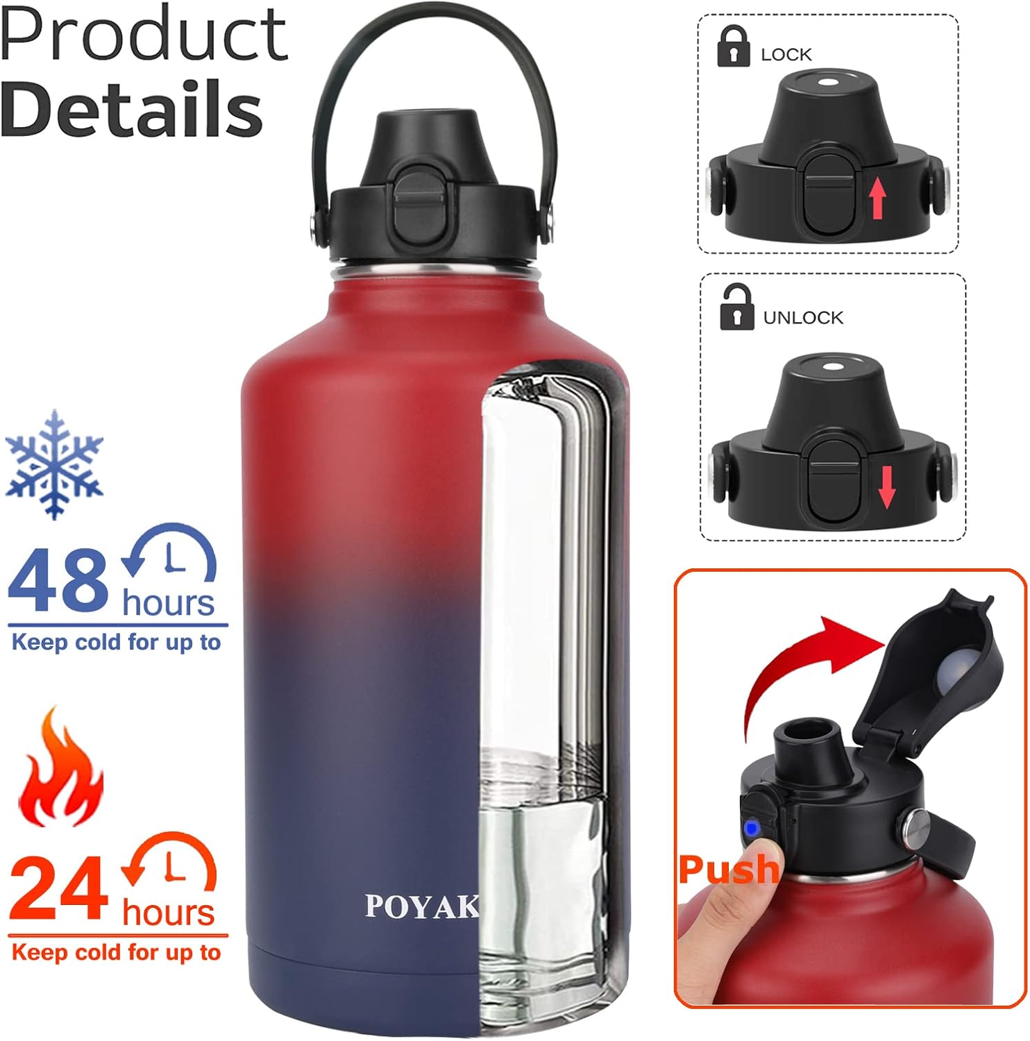 Water Bottle Insulated 32oz 40oz 64oz 128oz Straw Lid Spout Lid & 3 Lids, Leak Proof, Vacuum Insulated,Stainless Steel Water Bottle Wide Mouth for Sports, Gym or Office - Image 2
