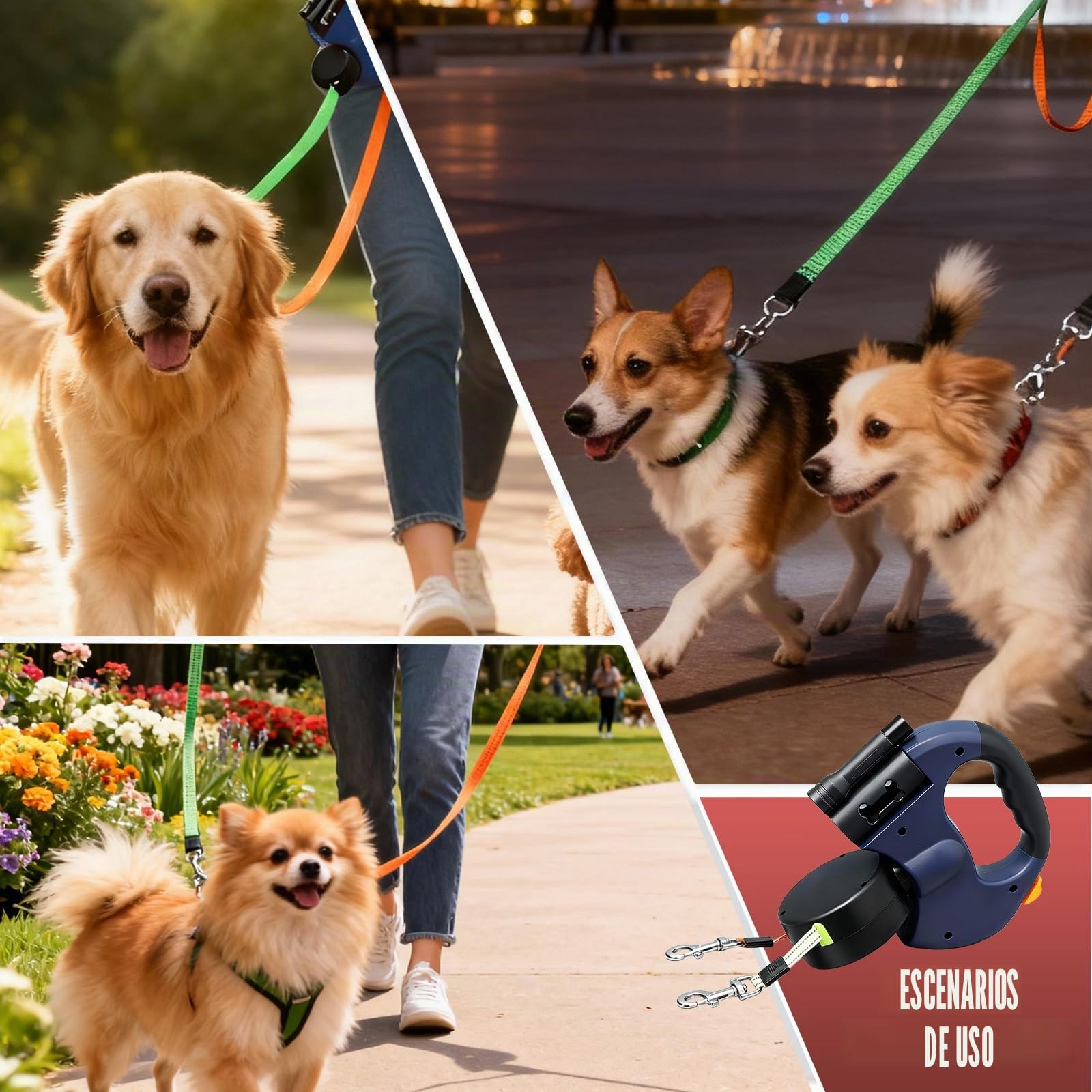BAIFULAI Correa retráctil para 2 perros, correa doble de 3 m para 2 perros con luz, mango antideslizante, extensible, para perros pequeños y medianos (azul)