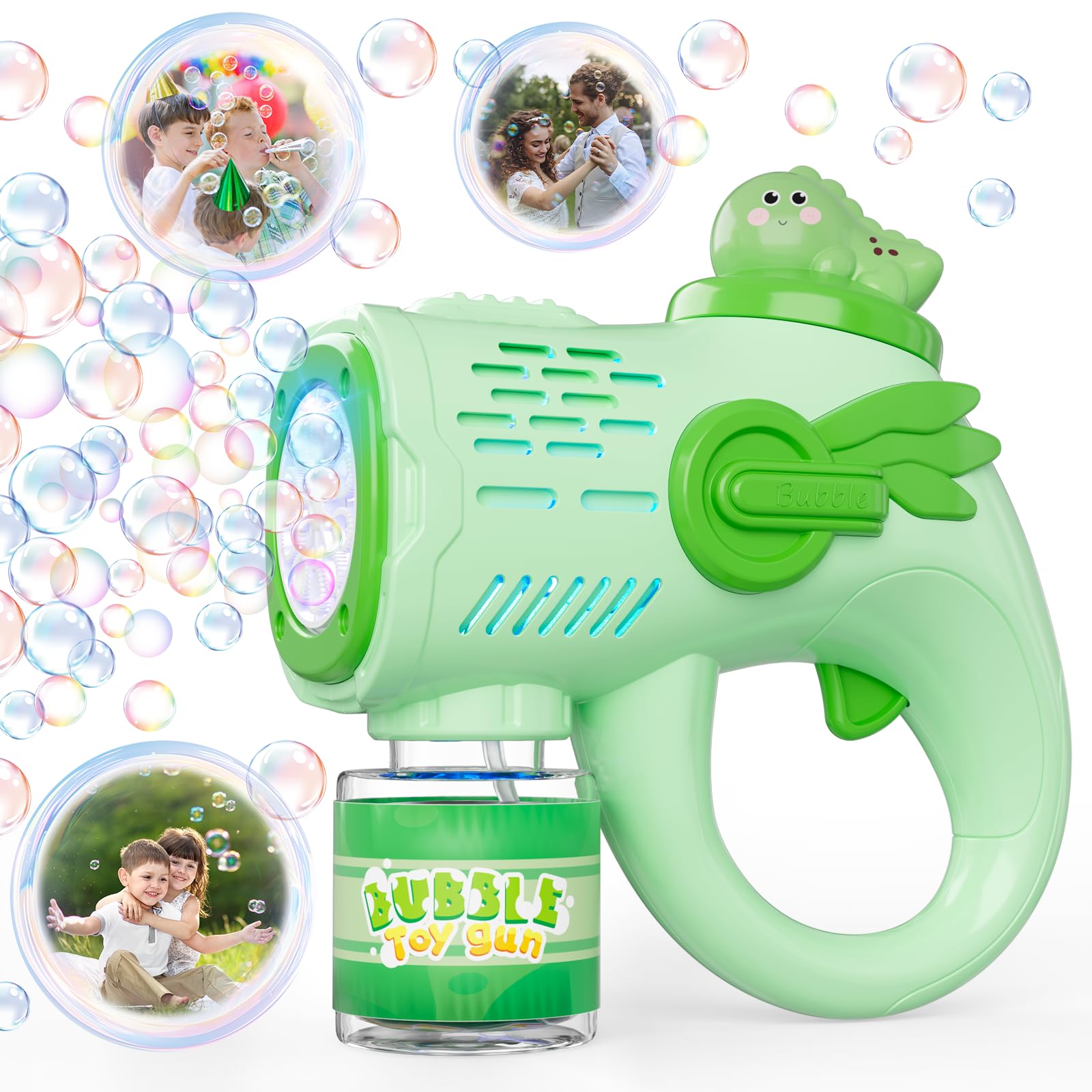Dinosaurios Unicornio Pistola Burbujas LED+200ml Liquido Pompas de Jabon, Pistola de Burbujas para Niños, Maquina Burbujas Juguetes Niños 3 4 5 6 años, Regalos Cumpleaños Boda Juegos Exterior (Verde)