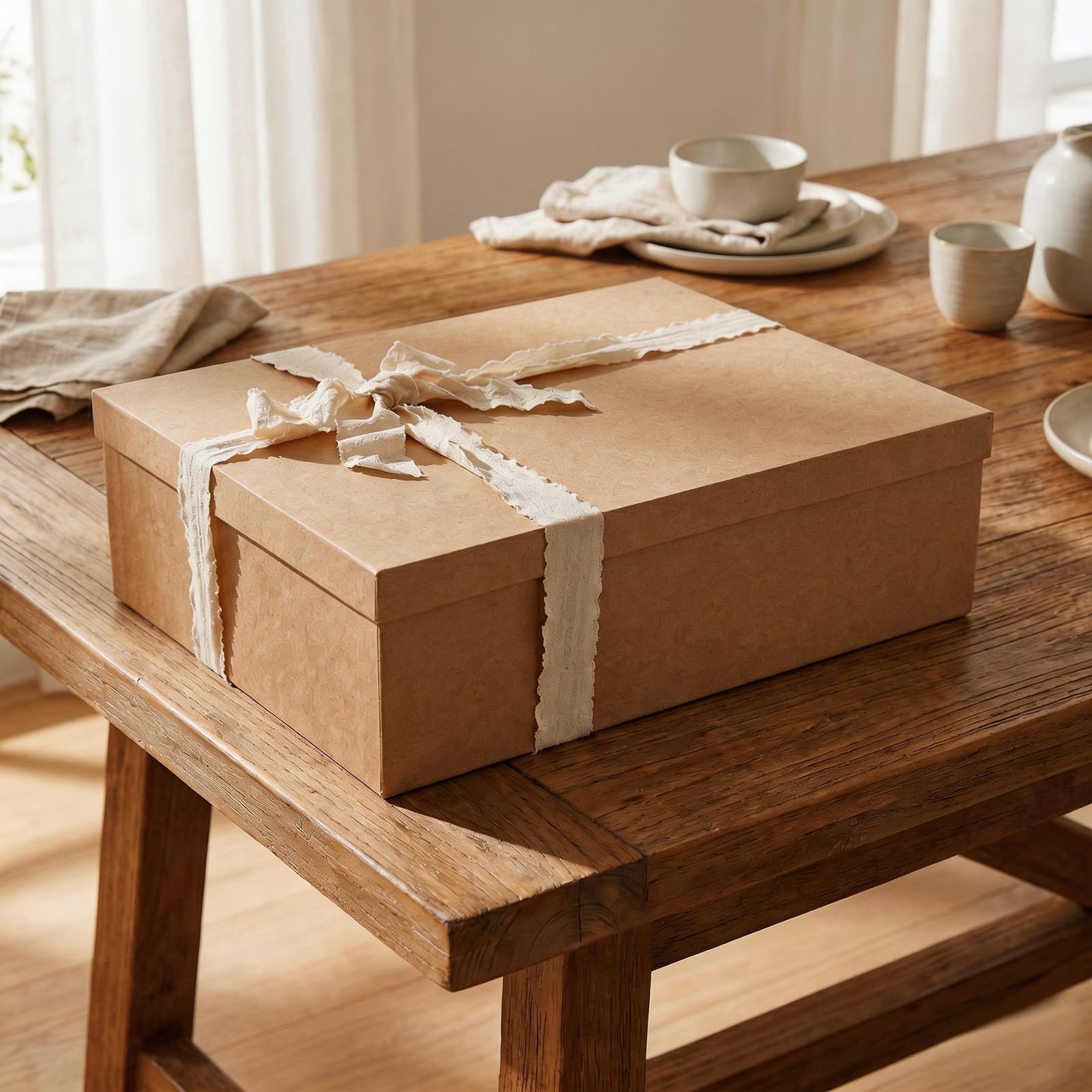 Tekhoho Grande Scatola Regalo Kraft 44x33x14cm, Scatola Rettangolare Premium con Coperchio per Regali, Confezione Regalo Natale Matrimonio Compleanno Festa, Stile Rustico.