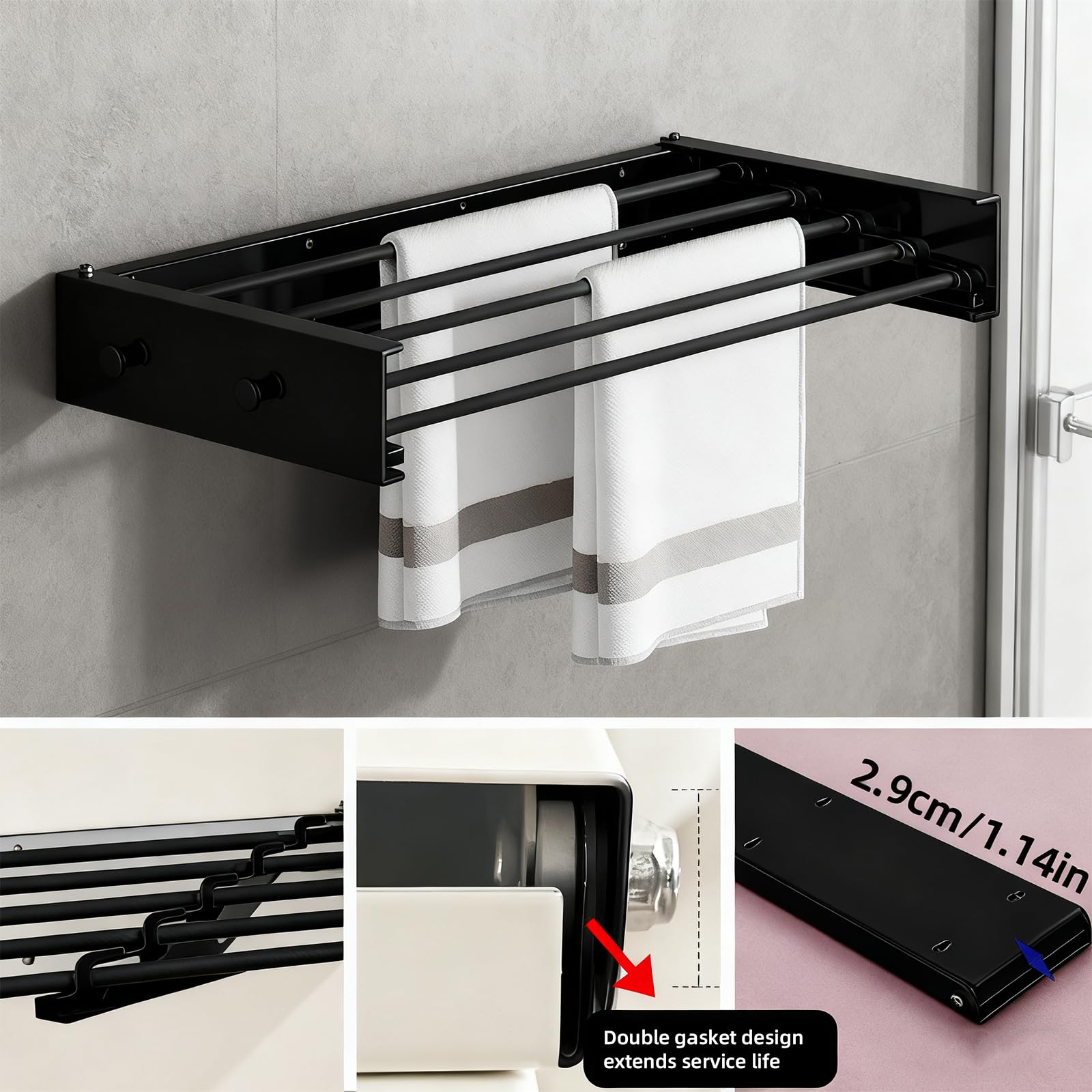 Wäscheständer Wandmontage aus Kohlenstoffstahl & Aluminium, Einfache Wäscheständer Wand, Faltbar Wand Wäschetrockner für Innen & Außen, Wandwäschetrockner Ausziehbar für Balkon (Schwarz mit 4 Haken)