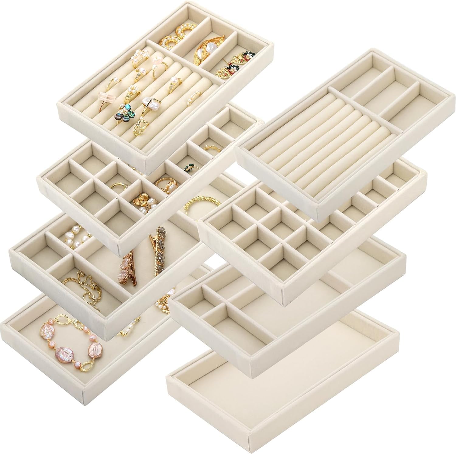 Elsjoy Set of 8 Velvet Jewelry Organiser Tray, Stackable Jewelry Tray Drawer Insert Divided Storage Holder, Necklace Bracelet Display Tray for Earring, Ring, Brooch, Watch, 8.3"x5"x1" Beige 4 Styles