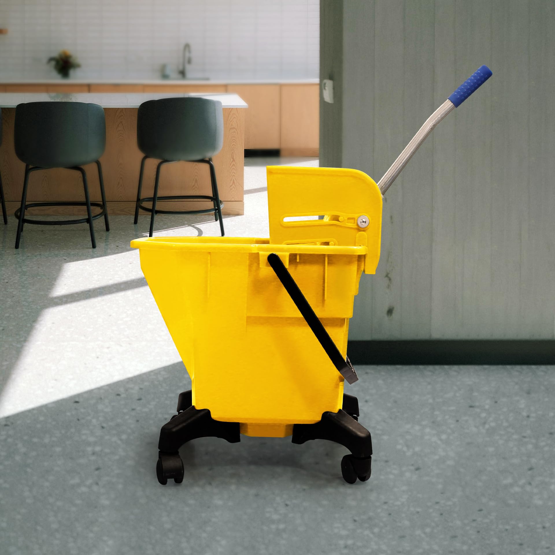 Cubo de fregona de 6.6 galones con escurridor, diseño sin punta y plástico resistente, sistema de fregona giratoria para suelos de madera dura, cubo individual que ahorra espacio (amarillo