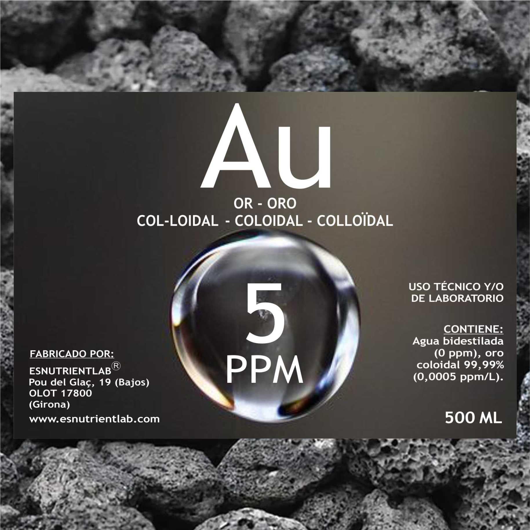 Oro coloidal artesanal 5 ppm, 500 ml. Con certificado de autenticidad. ESNUTRIENTLAB. 99,99% de pureza 24K.