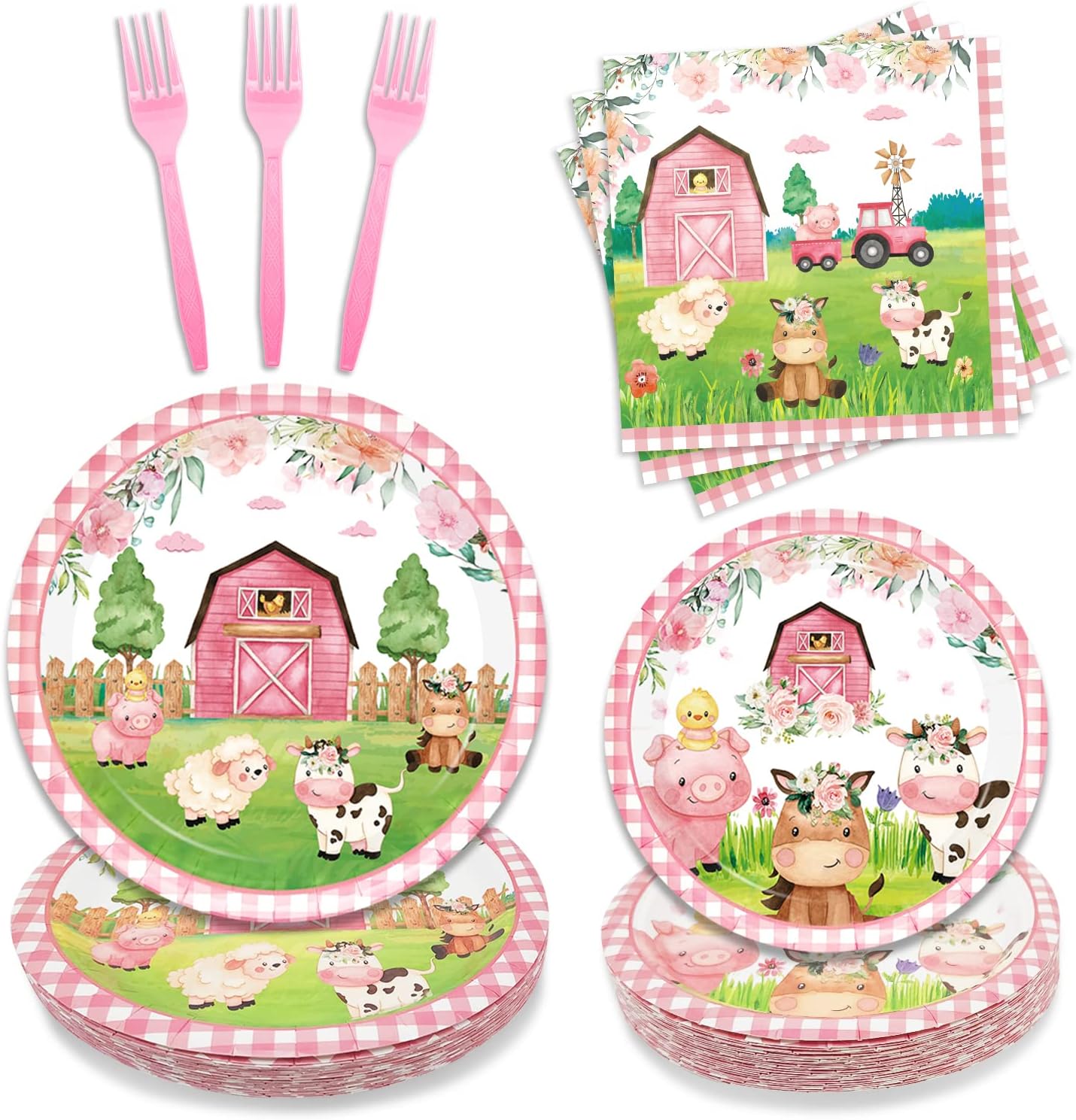 Oigco 96PCS Farm Animals Party Supplies Tableware Set Farm Birthday Party Barn Animal Theme Party Cute Pink Animal Baby Shower Dessert Plate Dinner Plate Paper Napkins Forks Dinnerware for 24 Guests