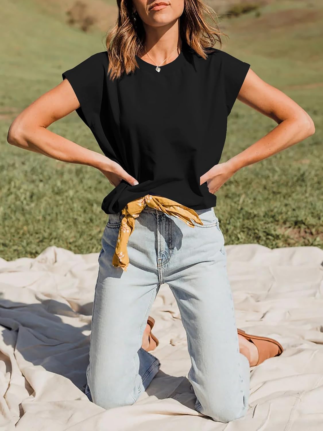 Tankaneo Women Short Cap Sleeve Tops Summer Casual Banded Sweatshirt Crew Neck Loose Fit T-Shirts - Image 2