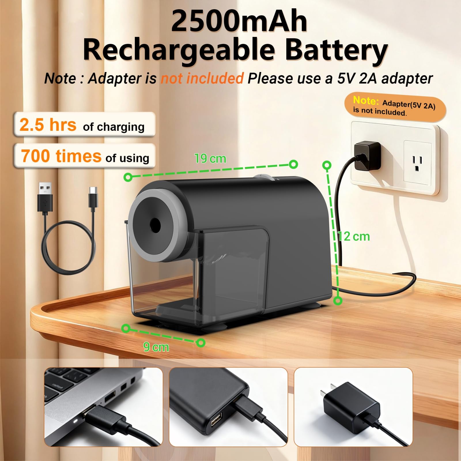 AFMAT Vollautomatischer Elektrischer Anspitzer,10.000+ Nutzungen, Wiederaufladbarer Hands-Free Bleistiftspitzer mit Behälter, Automatischer Spitzer für Nr.2/Jumbo/Stifte (φ6,5-10,5 mm) PSC5 Schwarz