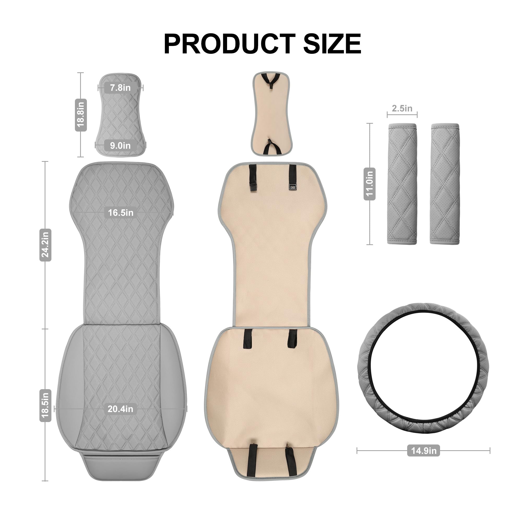 BaoLL 2PCS Front Car Seat Covers, Leather Seat Covers with Steering Wheel Cover and Two Seat Belt Pads, Waterproof Seat Covers for Cars Universal Fit 95% Vehicles (Grey)