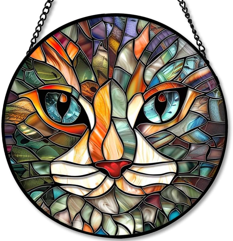 Stained Glass Window Hanging Cat Face， 11.8in Sun Catchers Panel for Indoor Decorative Display for Mom， Wife， Lovers， Festive
