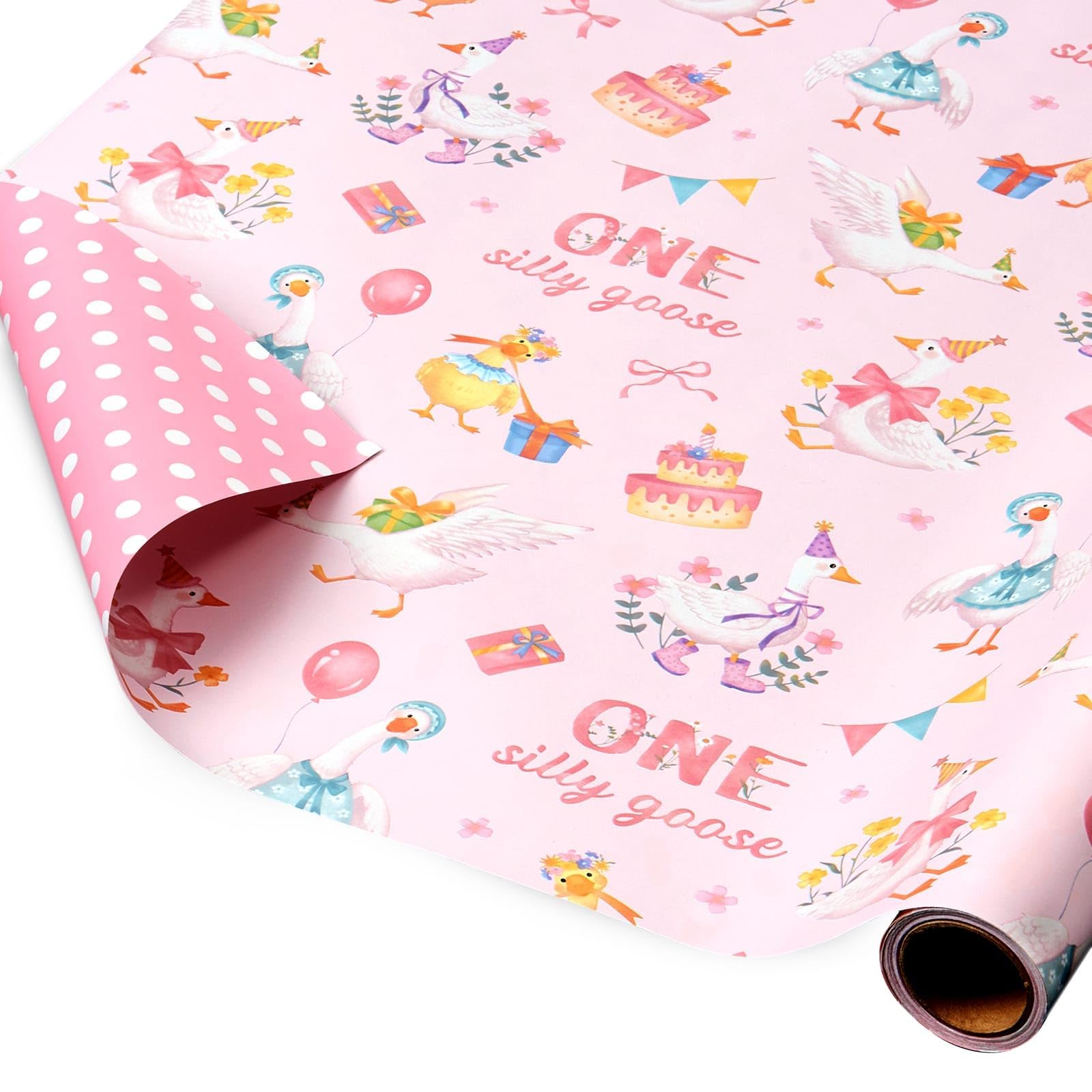 WERNNSAI Silly Goose Birthday Wrapping Paper - 1 Roll Cute Goose Wrapping Paper Baby Shower Girls Pink Gift Wrap Reversible 1st Baby Birthday Present Packing Decoration Reversible Design 43cm X 5m — image 1