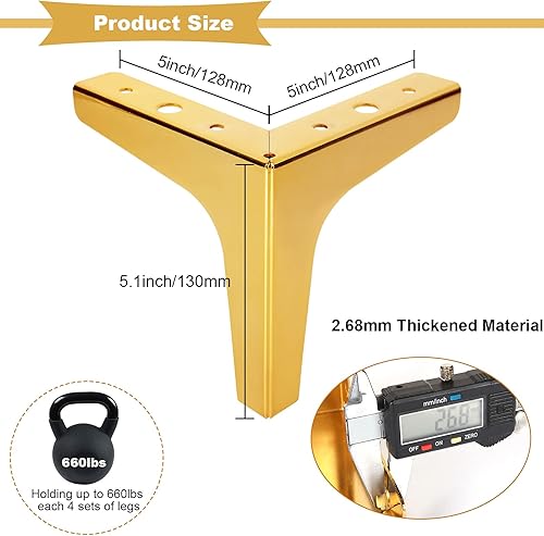 Miniatura 4 de MNKNENG Paquete de 8 patas de metal dorado para muebles, de 5 pulgadas, extensores de patas de sofá doradas, estilo moderno, resistente, repuesto