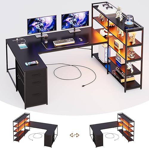 SEDETA Escritorio para juegos en forma de L, escritorio reversible en forma de U con toma de corriente y estantes de almacenamiento, escritorio para