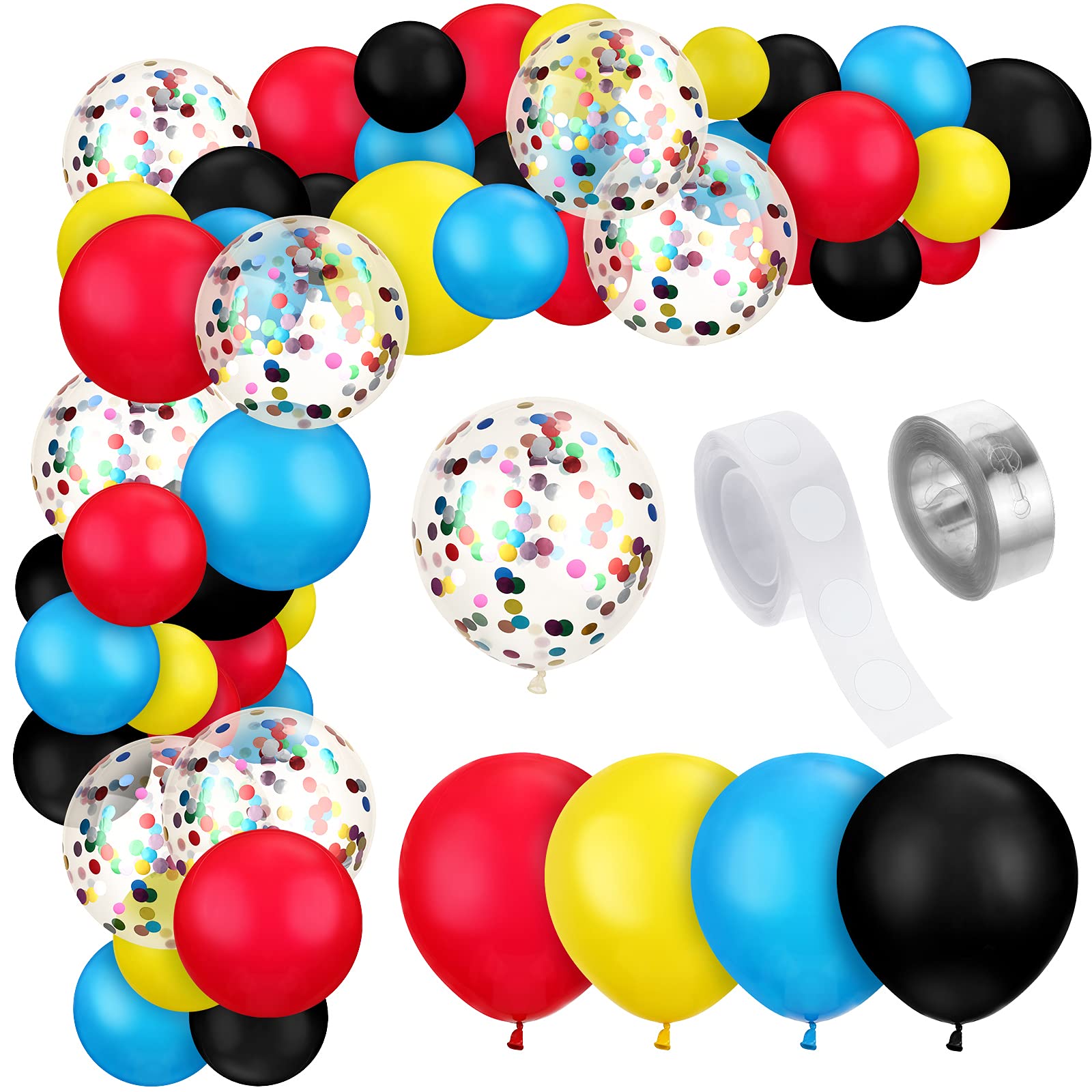 147 Pieces Theme Balloon Decorations Arch Garland Kit Include Blue Red Yellow Black Balloons with Confetti Balloons and Roll Tape for Kids Birthday