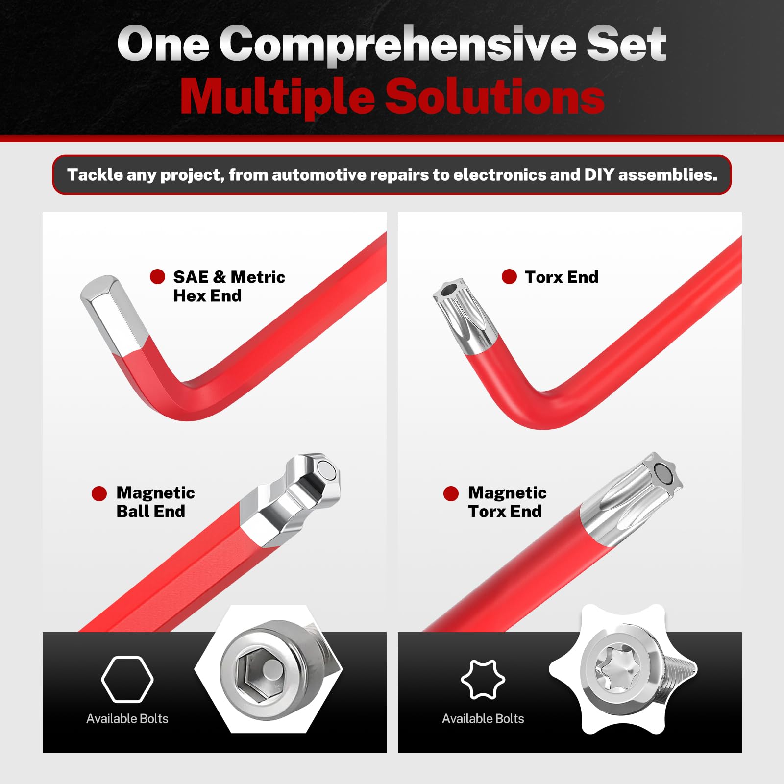 TOMMARS Set di chiavi esagonali con estremità a sfera magnetica S2 in acciaio grande con chiave esagonale a T Set di chiavi a brugola SAE (1/16 "-3/8") Metrica (1,5 mm-10 mm) TORX (T10-T50)