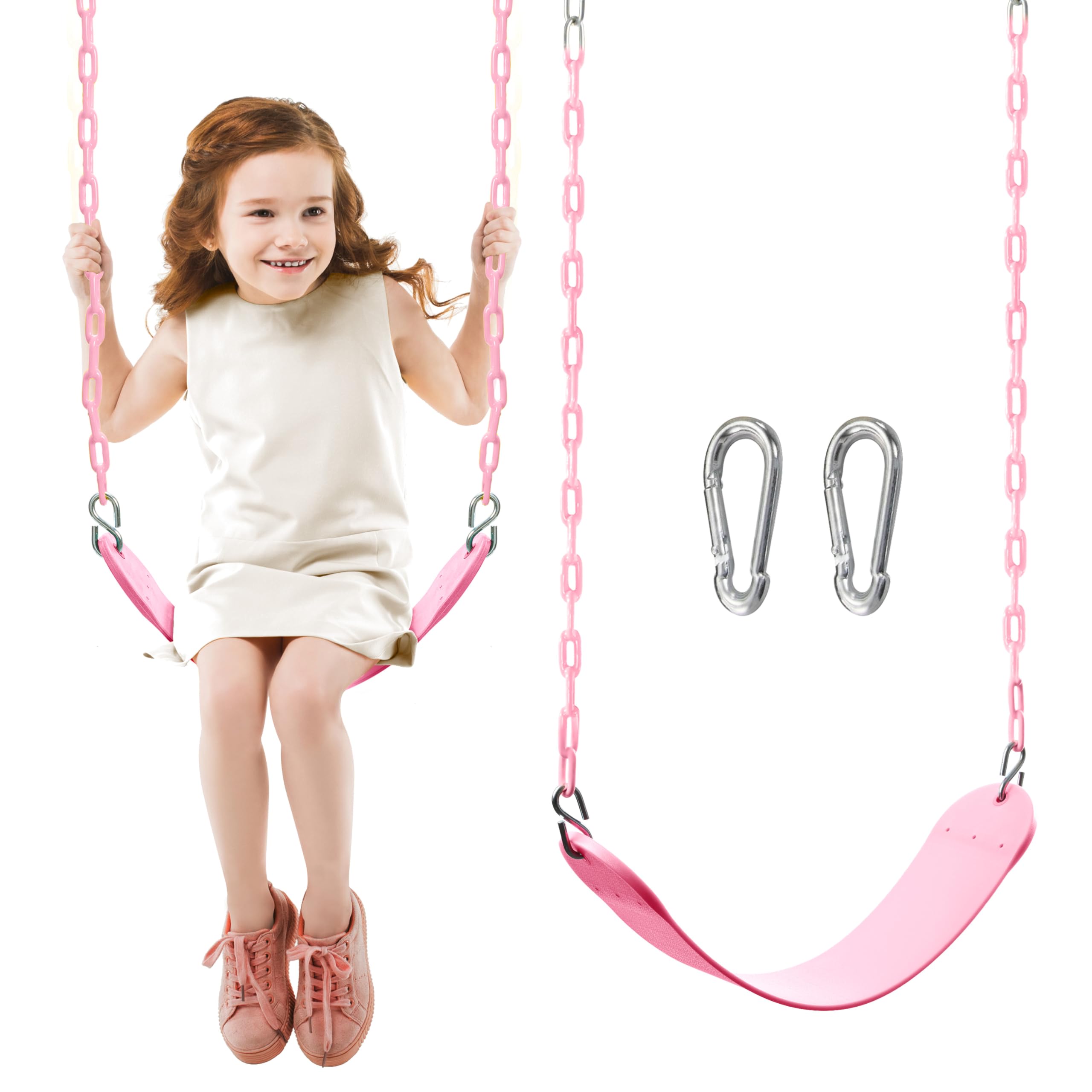 TURFEE Heavy Duty Swing Seat Pink Color with 66” Chain, Swing Set Accessories Replacement with Snap Hooks for Kids Outdoor Play Playground
