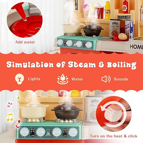 Miniatura 6 de HONEY JOY Juego de cocina para niños, cocina grande de plástico con luces y sonidos realistas, música, función de agua corriente y vapor, 69