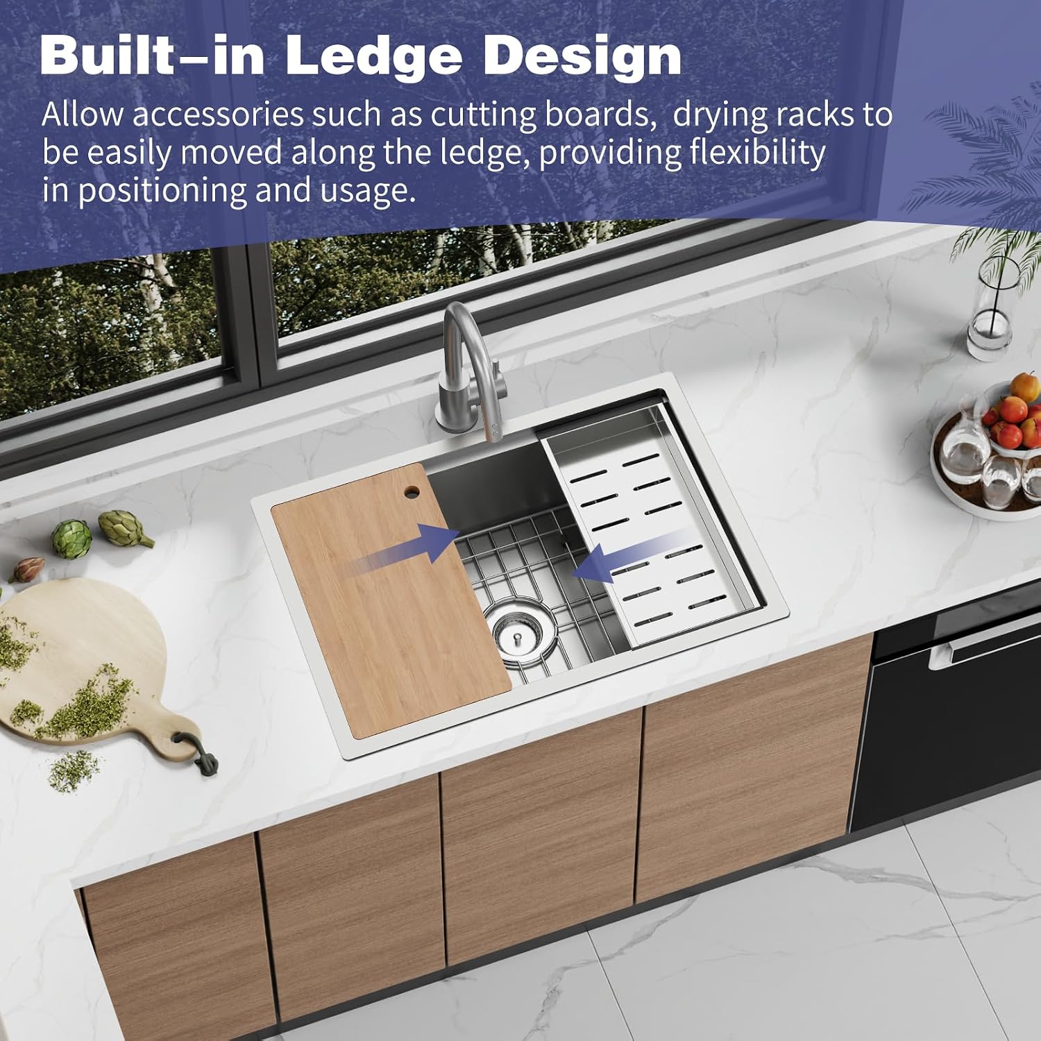 Kitchen Sink Workstation,28"x19" Stainless Steel Undermount Single Bowl Sink Built-in Ledge Drop In Workstation Sink For Placing/Sliding Accessories-Cutting Board,Drying Rack,Colander