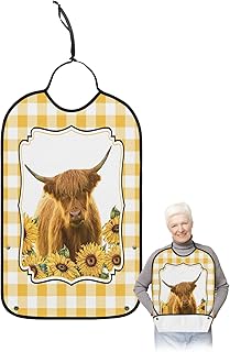 BOBOWUNY Farm Cow Adult Bibs for Elder Women Men Eating, Yellow Plaid Farmhouse Spring Floral Sunflower Waterproof & Washable Bibs for Eating Clothing Protector Dining Bibs for Crumb Catcher