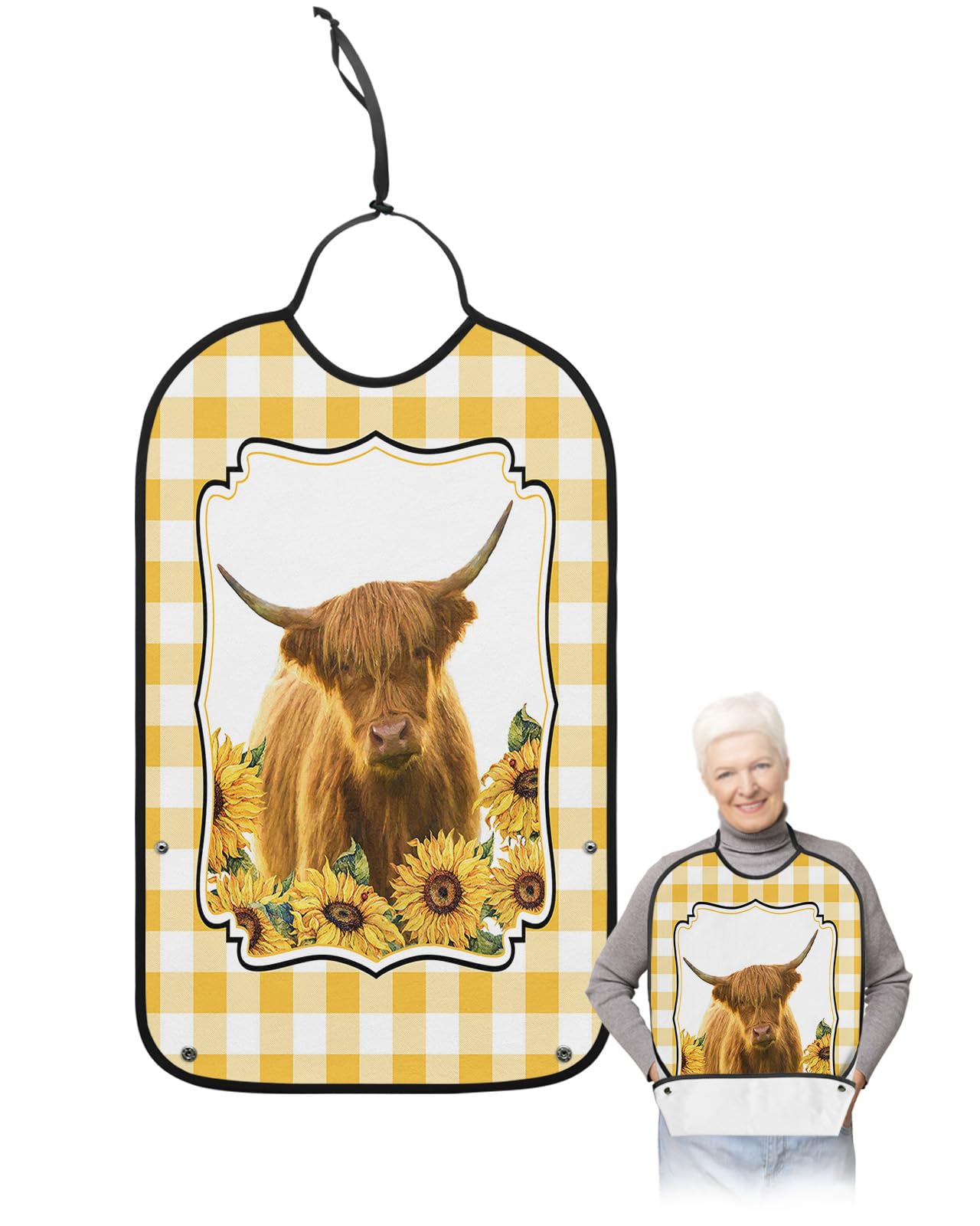Farm Cow Adult Bibs for Eating, Waterproof Bibs with Food Catcher & Adjustable Snap Closure, Yellow Plaid Farmhouse Spring Floral Sunflower Clothing Protectors Adult Bibs for Elderly Women/Men