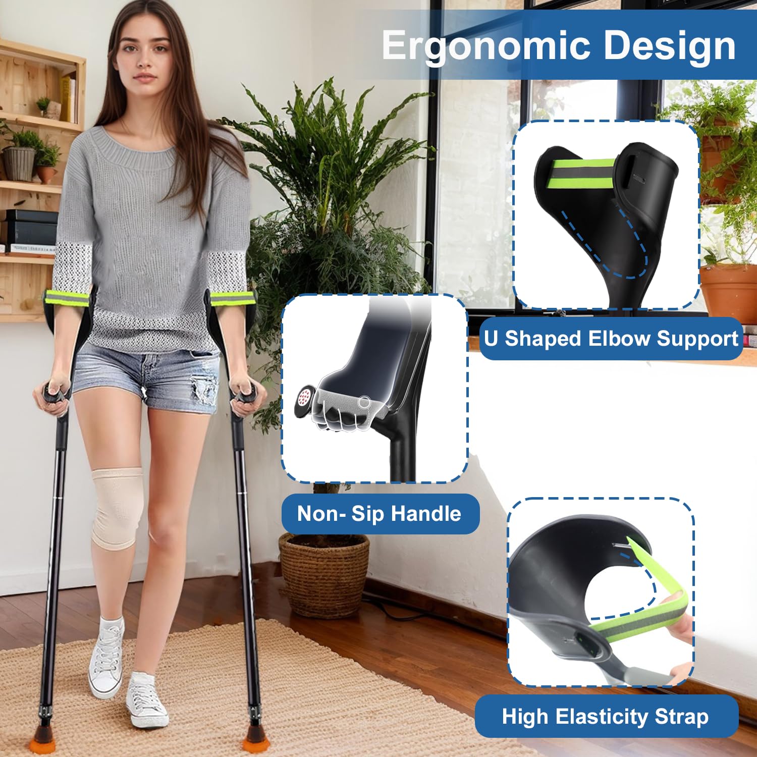 Paquete de 2 muletas plegables para adultos, muletas ligeras para adultos, mujeres, hombres, ancianos, muletas ajustables en altura con mango cómodo, muleta negra para ayuda diaria al