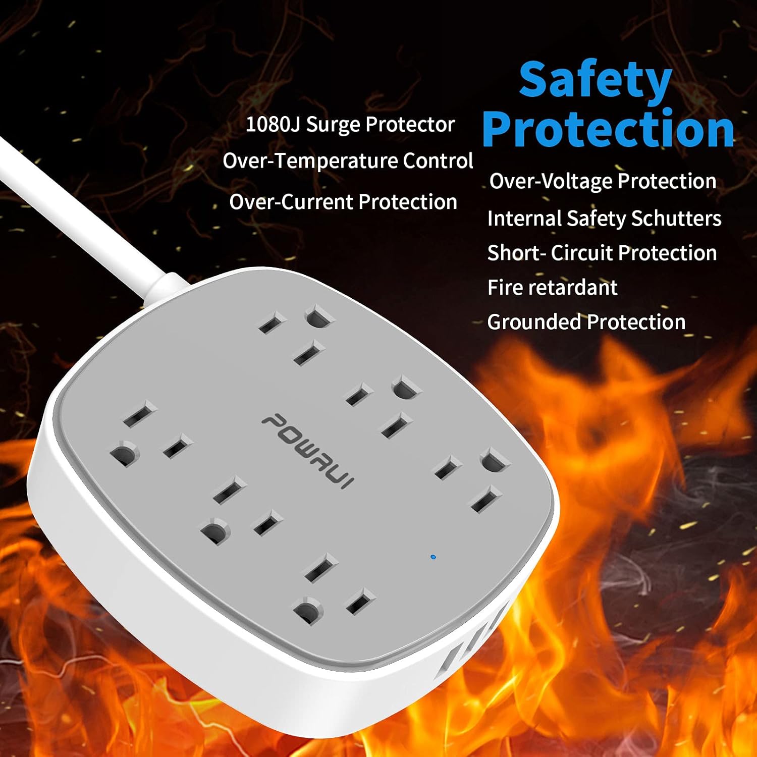 Power Strip Surge Protector with 6 FT, POWRUI Flat Plug Extension Cord with 6 Outlet Extender and 3 USB Ports, 6 Feet Power Cord, ETL Listed (White/Grey) : Electronics