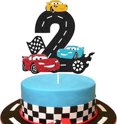 Miniatura 6 de Decoración para pastel de 2º cumpleaños con diseño de auto de carreras, decoración rápida para tartas de autos de carreras, bandera a cuadros, para