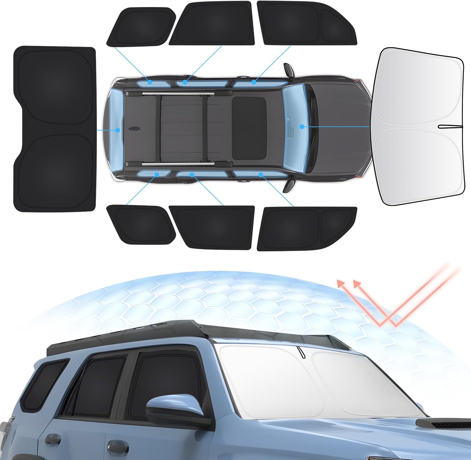 Sunsdrew 8PCS Window Sun Shades for 2010‑2024 Toyota 4Runner Windshield Side Rear Sunshade 99% UV & Heat Block Privacy Protection Easy Install Car Window Covers Accessories