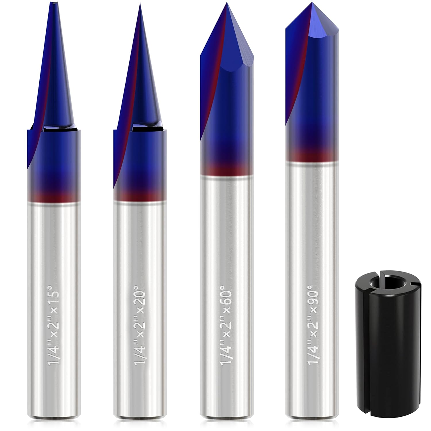 Engraving CNC Wood Carving Router Bit Set 1/4 Inch Shank 15°, 20°, 60°, 90° Engraving Bits with Nano Blue Coated, 2 Flutes Straight CNC V-bit Tungsten Steel Marking Conical Engraving Router Tool