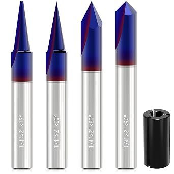 Engraving CNC Wood Carving Router Bit Set 1/4 Inch Shank 15, 20, 60, 90 Engraving Bits with Nano Blue Coated, 2 Flutes Straight CNC V-bit Tungsten Steel Marking Conical Engraving Router Tool
