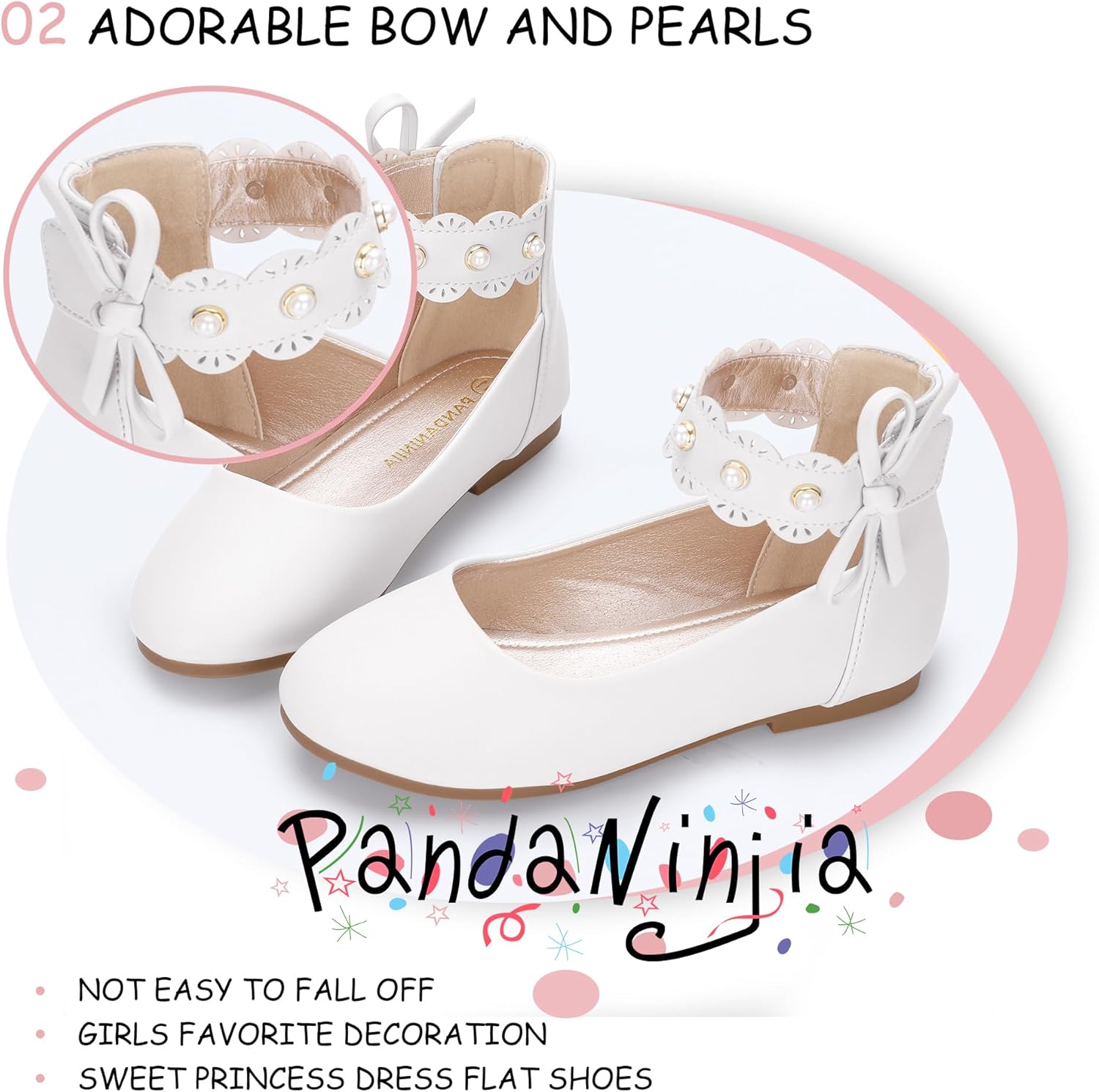 PANDANINJIA Girls Dress Shoes Pearl Mary Jane Ballet Flats Flower Girl Wedding Party Communion Ankle Strap Shoes for Toddler Little Kid Big Kid - Image 4