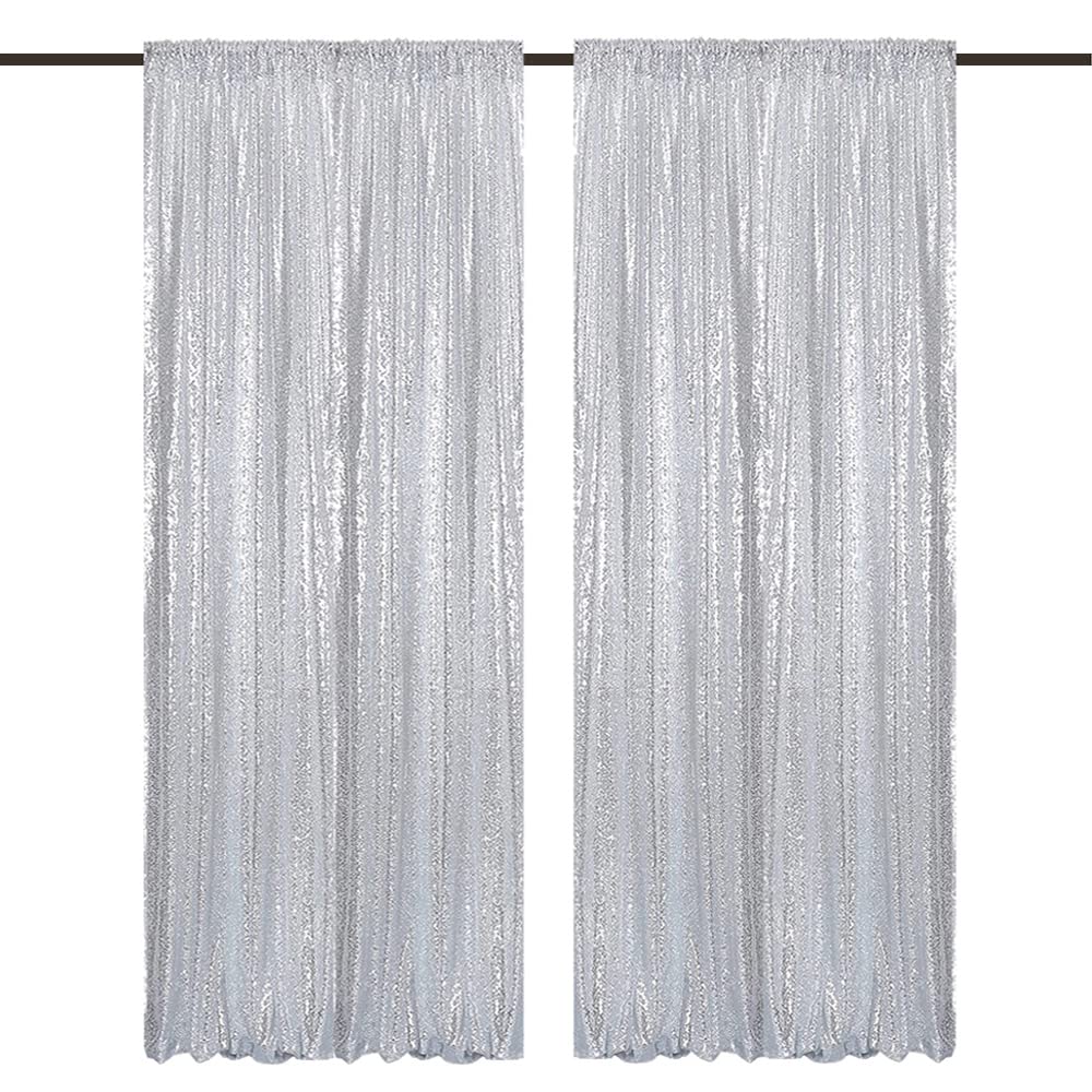TCBESTO Silver Sequin Backdrop Curtains 4FTx8FT 2 Panels Sparkle Backgound Drapes Glitter Metal Backdrop Curtain for Weddings Showers Photophy Parties Birthday Christmas