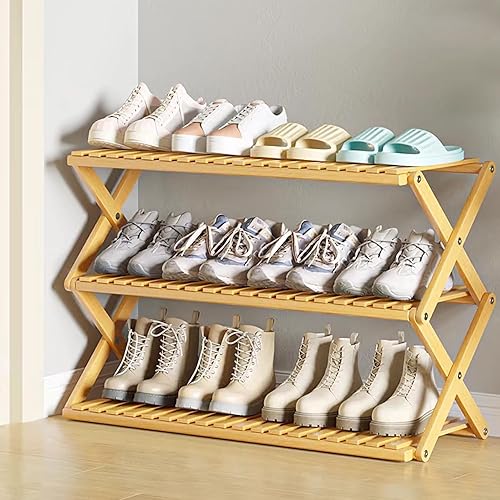 Miniatura 4 de Zapatero plegable de bambú para zapatos, organizador de 3 niveles, multifuncional, de pie, para armario, entrada, pasillo, sala de estar, puerta