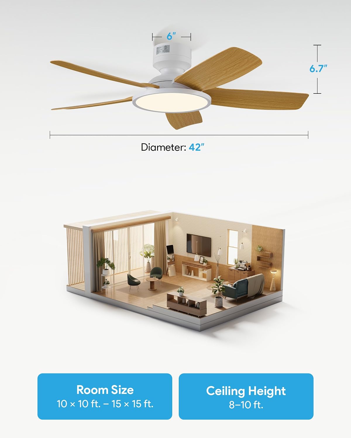 VONLUCE 42 Inch Ceiling Fan with Lights, Quick Install Ceiling Fan and Remote, 6-Speeds Noiseless Reversible DC Motor, 3CCT, Modern Ceiling Fan for Bedroom Living Room Kitchen, Light Wood Grain