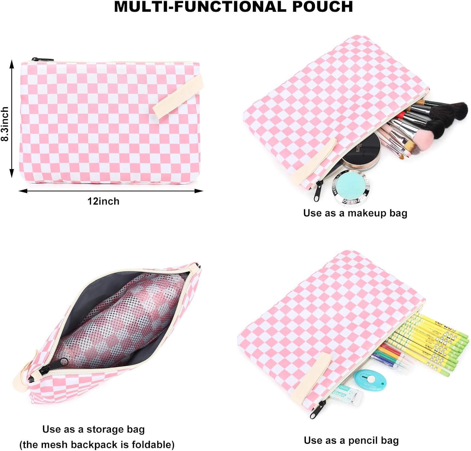 Checkered Mesh Backpack for Girls, Kids Teens School Backpacks Women Bookbags Semi-transparent Beach Backpacks (Pink) - Image 3