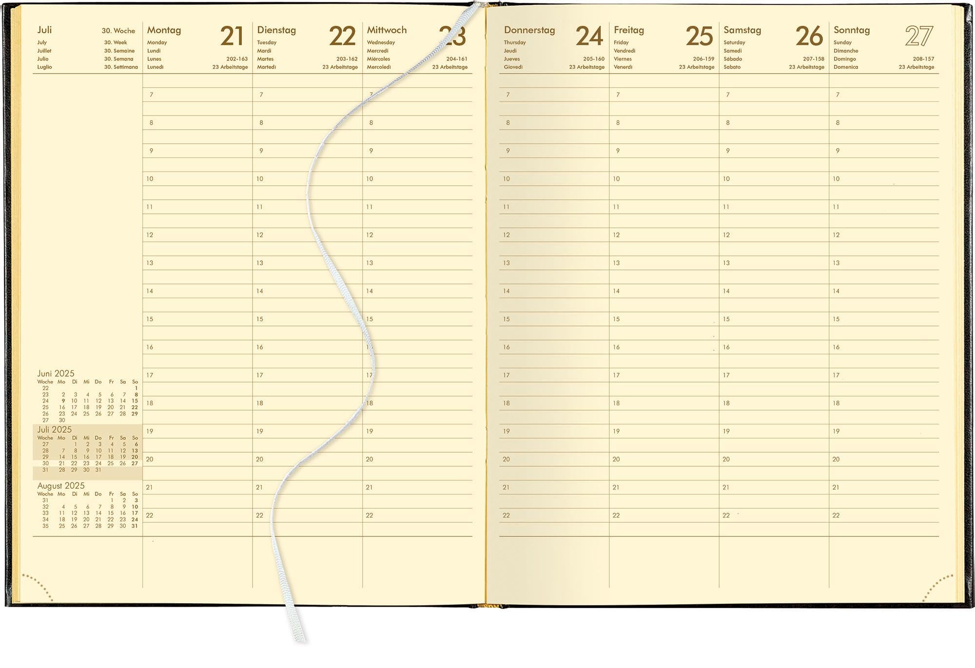 Zettler - Wochenbuch Leder 2025 schwarz, 21x26,5cm, Taschenkalender mit 128 Seiten im wattiertem Einband, 1 Woche auf 2 Seiten, Fadensiegelung, Eckenperforation und internationales Kalendarium