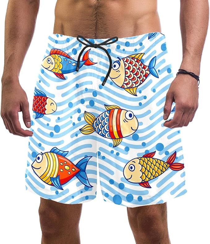 Abenily Ocean Sea Underwater Fish Pattern Mens Swim Shorts with Mesh