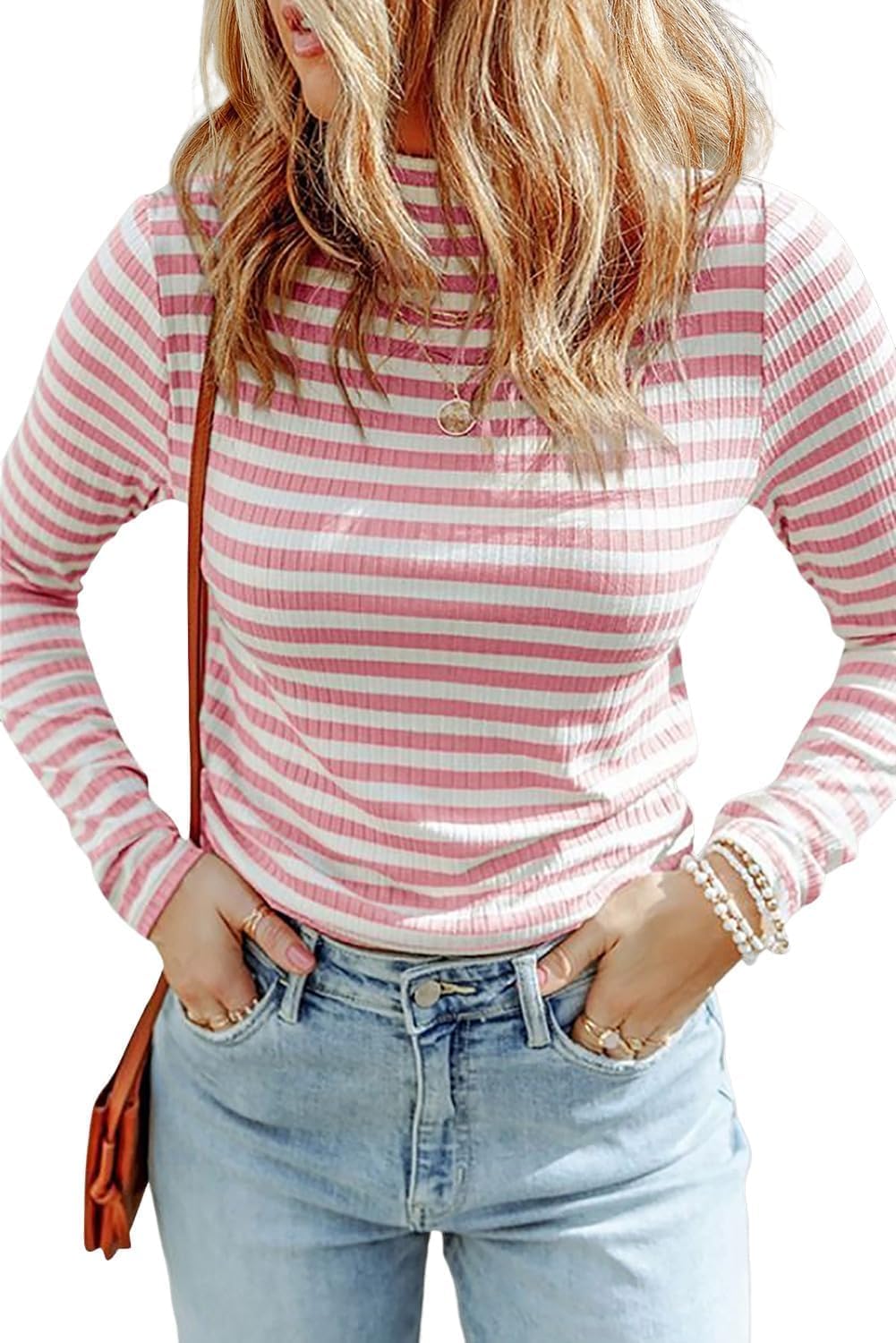 Melliflo Womens Long Sleeve Mock Neck Striped Shirt Casual Cute Color Block Knit Tops Trendy Fall Fitted Basic Outfits - Image 2